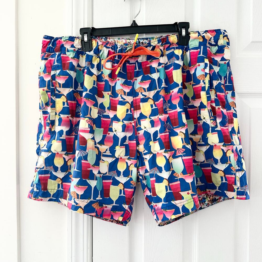 Robert Graham Blue Multi Poolside Drinks Drawstring Swim Trunks 40 Men Beach - Picture 2 of 8